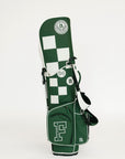 Green and white checkered golf bag with branding on a white background