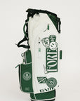 White and green golf bag with branding on a white background