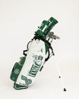 Green and white golf bag with clubs on a white background