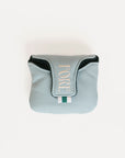 Smoke blue Mandy Mallet Cover with white text and designs on a white background