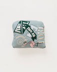 Smoke blue Mandy Mallet Cover with white text and designs on a white background
