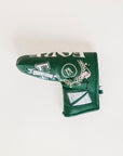 Green golf club head cover with decorative patterns on a white background