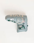 Smoke blue Fore All golf club head cover with decorative patterns on a white background
