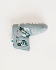 Smoke blue Fore All golf club head cover with decorative patterns on a white background