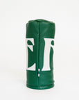 Green golf club head cover with a white logo on a white background