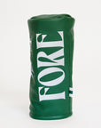 Green golf club head cover with 'FORE' text on a white background