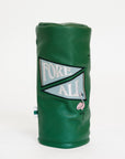 Green leather pouch with text and a flamingo design on a white background