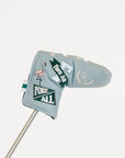 Smoke blue Fore All golf club head cover with decorative patterns on a white background