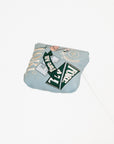 Smoke blue Mandy Mallet Cover with white text and designs on a white background