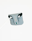 Smoke blue Mandy Mallet Cover with white text and designs on a white background