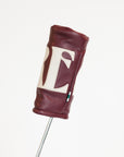 Merlot golf club head cover with a white 'FORE' logo on a white background