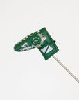 Green golf club head cover with decorative patterns on a white background