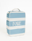 Blue and white striped shoe bag with 'FORE' text on a white background