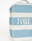 Blue and white striped shoe bag with 'FORE' text on a white background