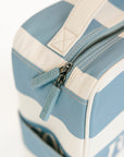 Blue and white striped shoe bag with 'FORE' text on a white background