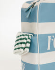 Blue and white striped shoe bag with 'FORE' text on a white background