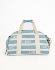 Striped Boston bag with 'FORE' text on a white background