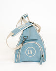 Striped Boston bag with 'FORE' text on a white background
