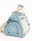 Striped Boston bag with 'FORE' text on a white background