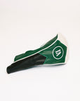 Green and black golf club head cover on a white background