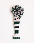 Knitted golf club head cover with a colorful pom-pom on a white background