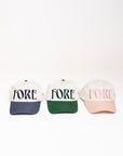 Three baseball caps with 'FORE' text on a white background