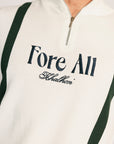 A man wearing a beige zip sweater with vertical green stripes and the text 'Fore All x Khalhon' on the chest.