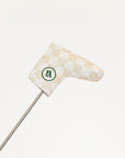 Golf putter headcover with a brand logo on a white background
