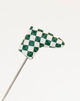 Checkered green and white golf club head cover on a white background