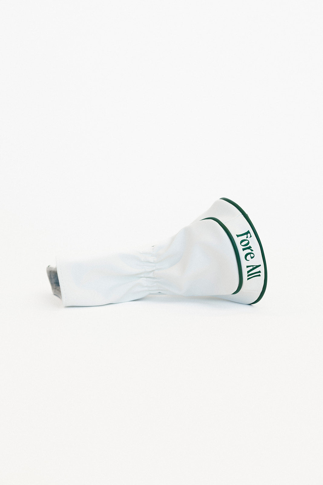 White golf club head cover with 'Fore All' text on a white background