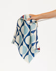 Hand holding a retro golf towel over a white background