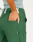 Person wearing green pants and a light blue top on a white background