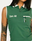 Green sleeveless polo shirt with 'Fore All' text worn by a person on a white background