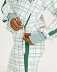Person wearing a smoke blue and white plaid Lyla Jacket on a white background