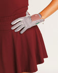 Fore All golf glove with a merlot retro patterned design on a white background