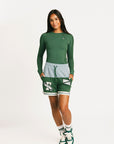 Green Fletcher athletic shorts with Fore All logos on a plain background
