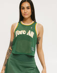 A female model wearing a green sleeveless tank top with 'Fore All' text and a logo on the chest, ribbed armholes, and a round neckline.