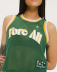 A female model wearing a green sleeveless tank top with 'Fore All' text and a logo on the chest, ribbed armholes, and a round neckline.