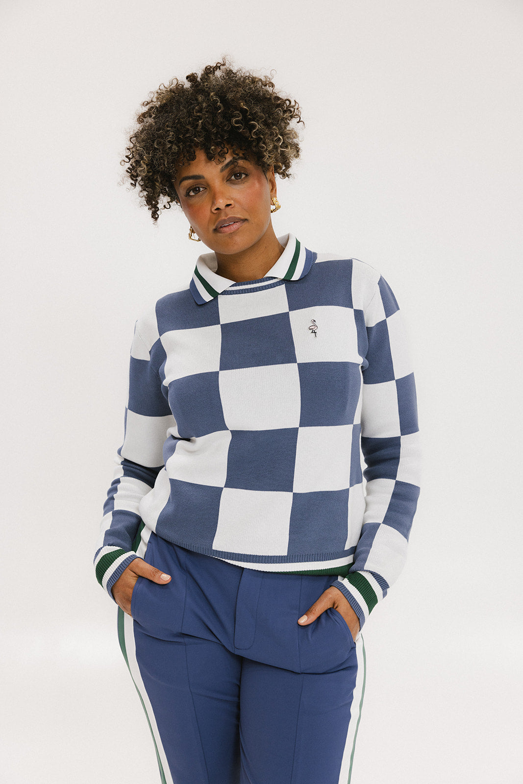 トップス Checkered Crewneck Sweater indigo aime Dorothy Sweater - Indigo/White – foreall.com