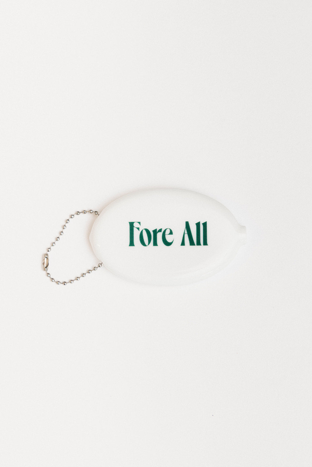 White coin pouch with 'Fore All' text on a white background