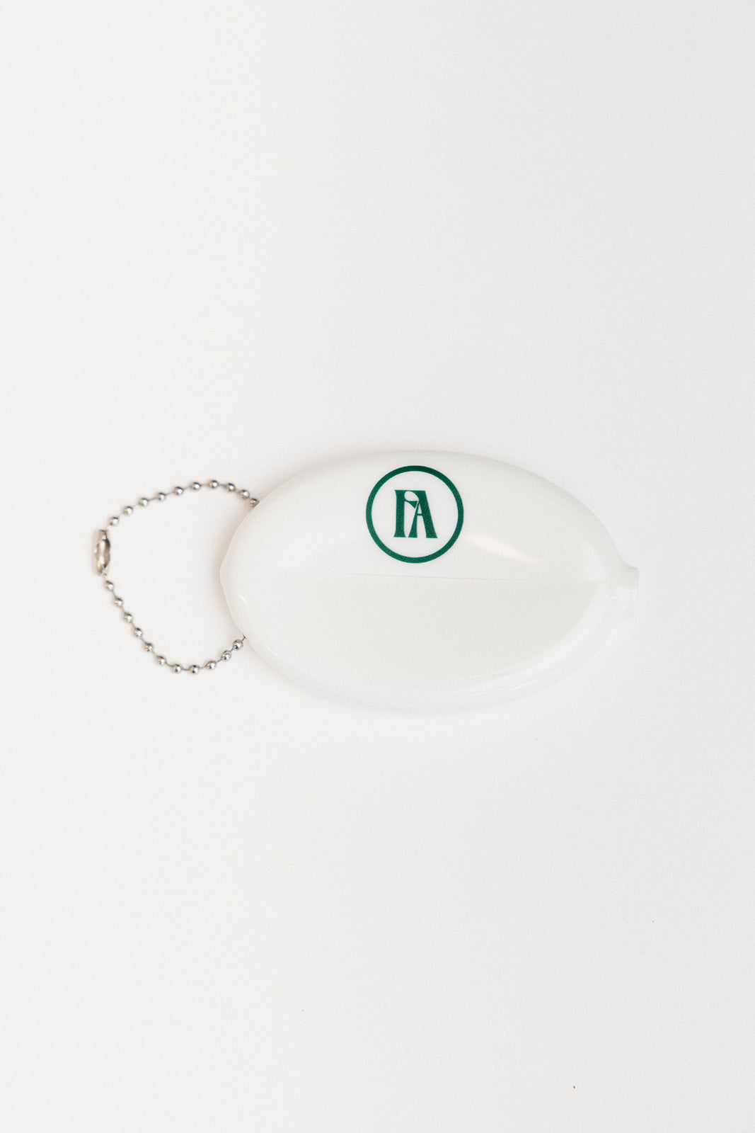 White coin pouch with 'Fore All' text on a white background