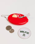 Red oval keychain with 'Golf Bum' text on a white background