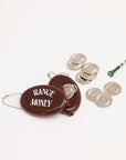 Brown case with 'Range Money' text, silver coins, and a green tee on a white background