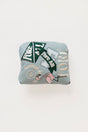 Smoke blue Mandy Mallet Cover with white text and designs on a white background