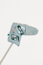 Smoke blue Fore All golf club head cover with decorative patterns on a white background