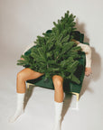 Person sitting on a green chair holding a small Christmas tree against a plain background