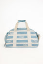 Striped Boston bag with 'FORE' text on a white background