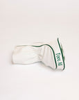 White golf club head cover with green text on a white background