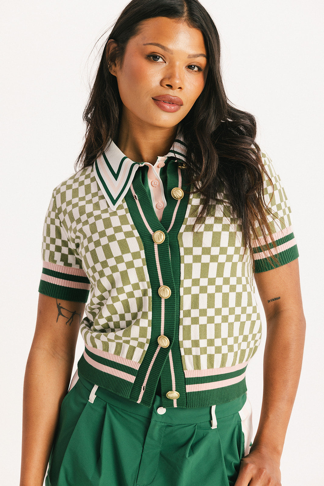 Confidence Cardigan - Putting Green/White Checkered – foreall.com