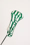 Green and white golf headcover on a white background.